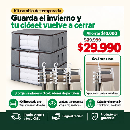 Kit 3 Organizadores de Ropa 90 L + 3 Colgadores de Pantalón | Guarda el Invierno y Libera tu Clóset | Envío Gratis