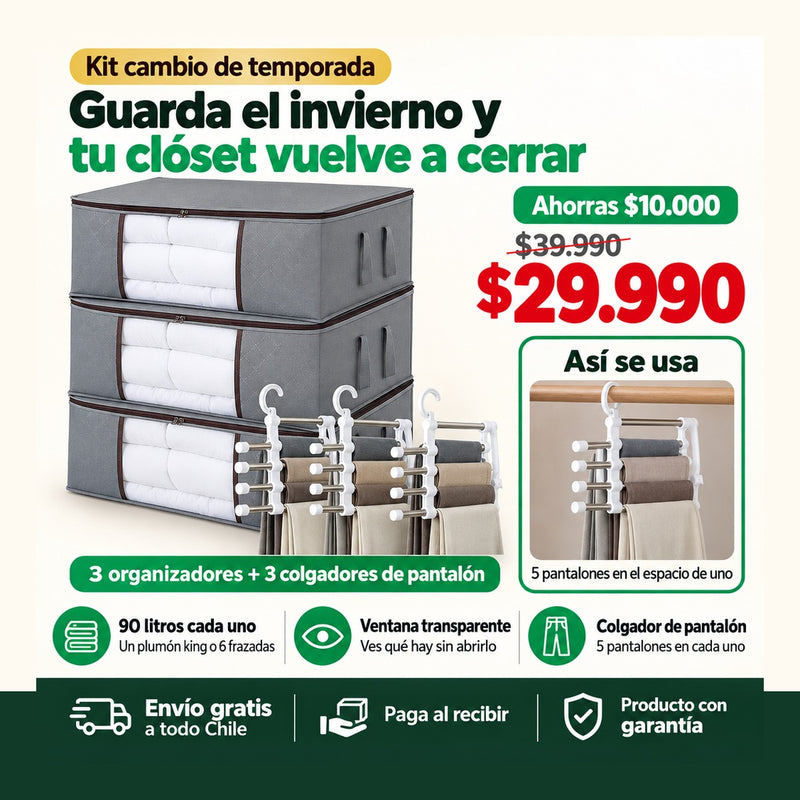 Kit 3 Organizadores de Ropa 90 L + 3 Colgadores de Pantalón | Guarda el Invierno y Libera tu Clóset | Envío Gratis