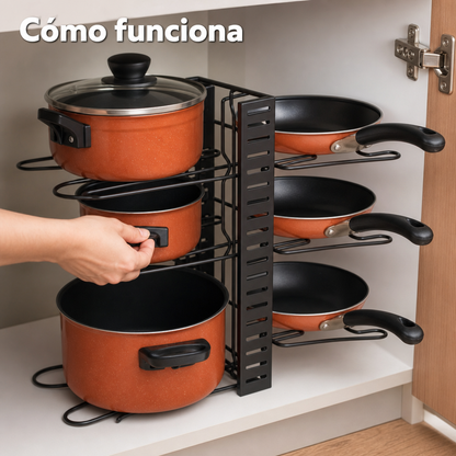 Como funciona el organizador de ollas y sartenes de 8 niveles ajustables