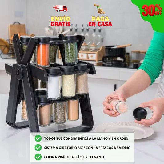 ORGANIZADOR DE CONDIMENTOS GIRATORIO + 18 FRASCOS DE VIDRIO