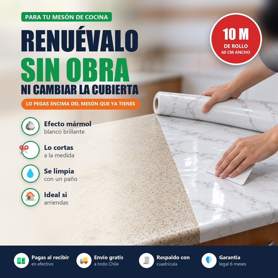 Papel Adhesivo Efecto Mármol 10 m | Renueva tu Mesón sin Obra | Envío Gratis