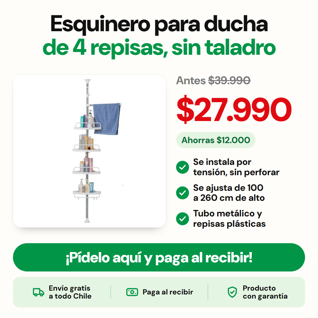Esquinero para ducha de 4 repisas, sin taladro