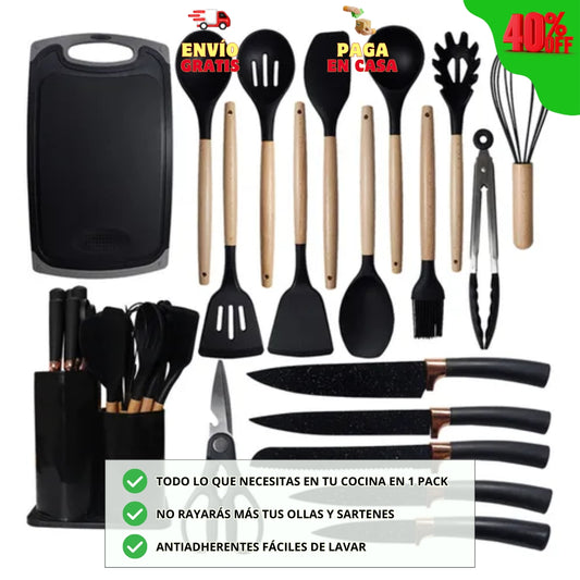 JUEGO 19 UTENSILIOS DE COCINA ANTIADHERENTES | INCLUYE PORTA UTENSILIOS