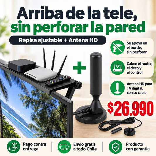 Repisa ajustable para TV y antena HD: se apoya en el borde de la tele, sin perforar la pared