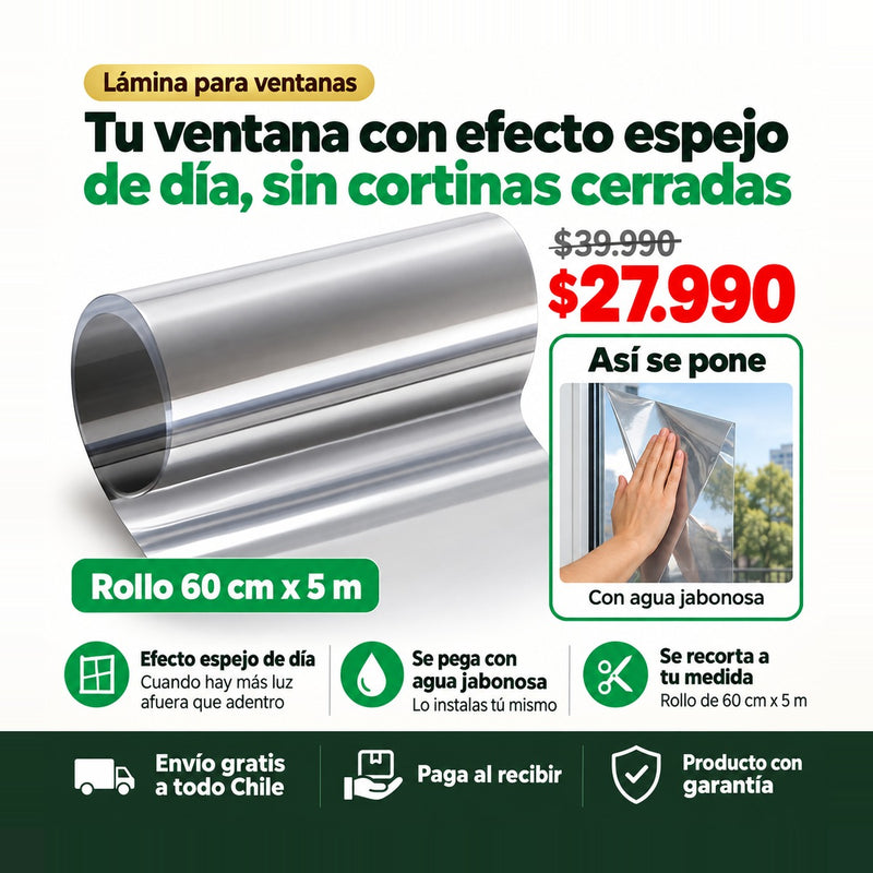 Vinil Espejo para Ventanas Rollo 60 cm x 5 m | Lo Instalas Tú Mismo | Envío Gratis